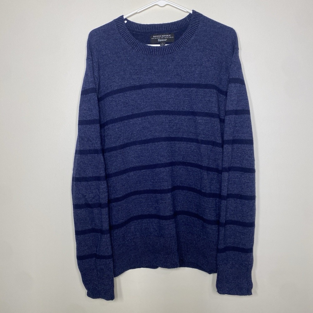 Banana Republic Sweater Mens Large Wool Blend Flipucci Striped Blue Pullover - Picture 2 of 7